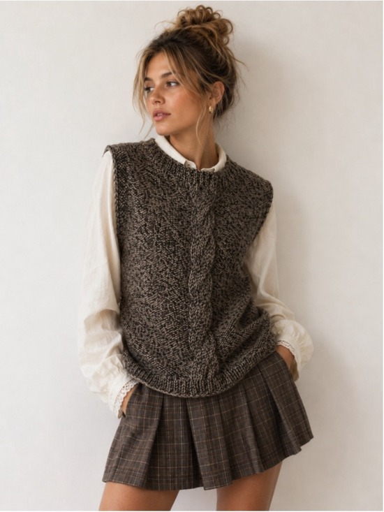 Handmade Sweaters - HANDMADE Wool Sweater Vest Cable Knit Stripe Black & Taupe Chunky Knit Pullover